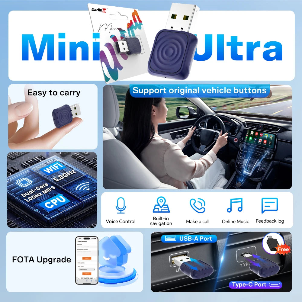 CarlinKit 5.0 Mini Ultra Wireless Adapter Wireless CarPlay Android Auto For OEM Car Plug and Play WiFi Bluetooth Auto Connection