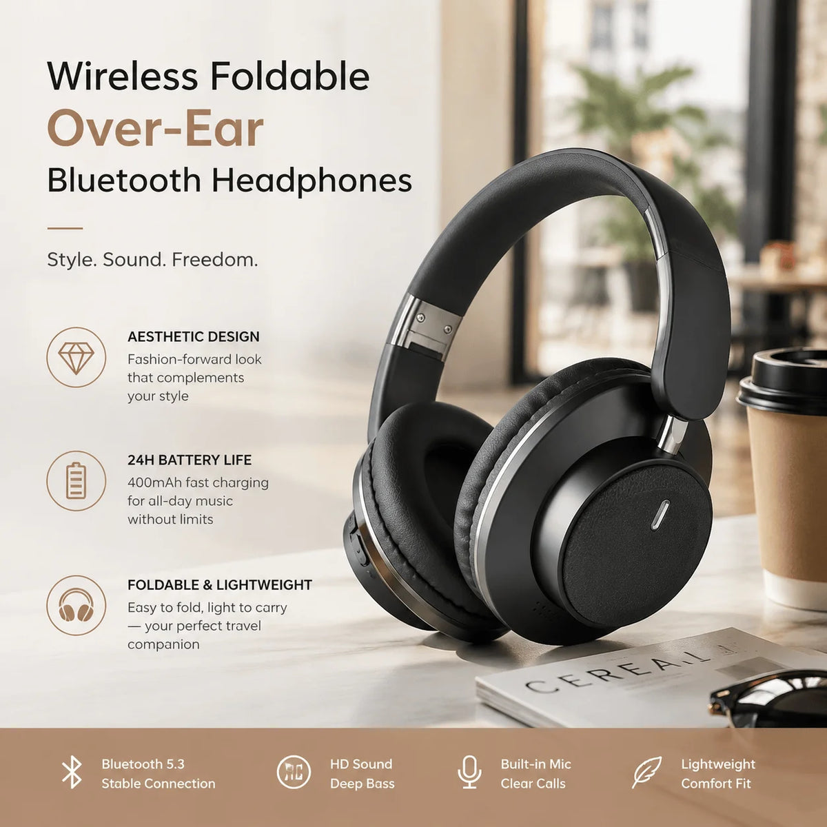 Bluetooth Headphones Over Ear Wireless Headset BT5.3 Foldable Portable Hi-Res Audio Fashion Aesthetic Deep Bass Stereo 24H Battery Fast Charge Dual Mode With Mic Noise Isolation For Students Content Creators Remote Work Trave
